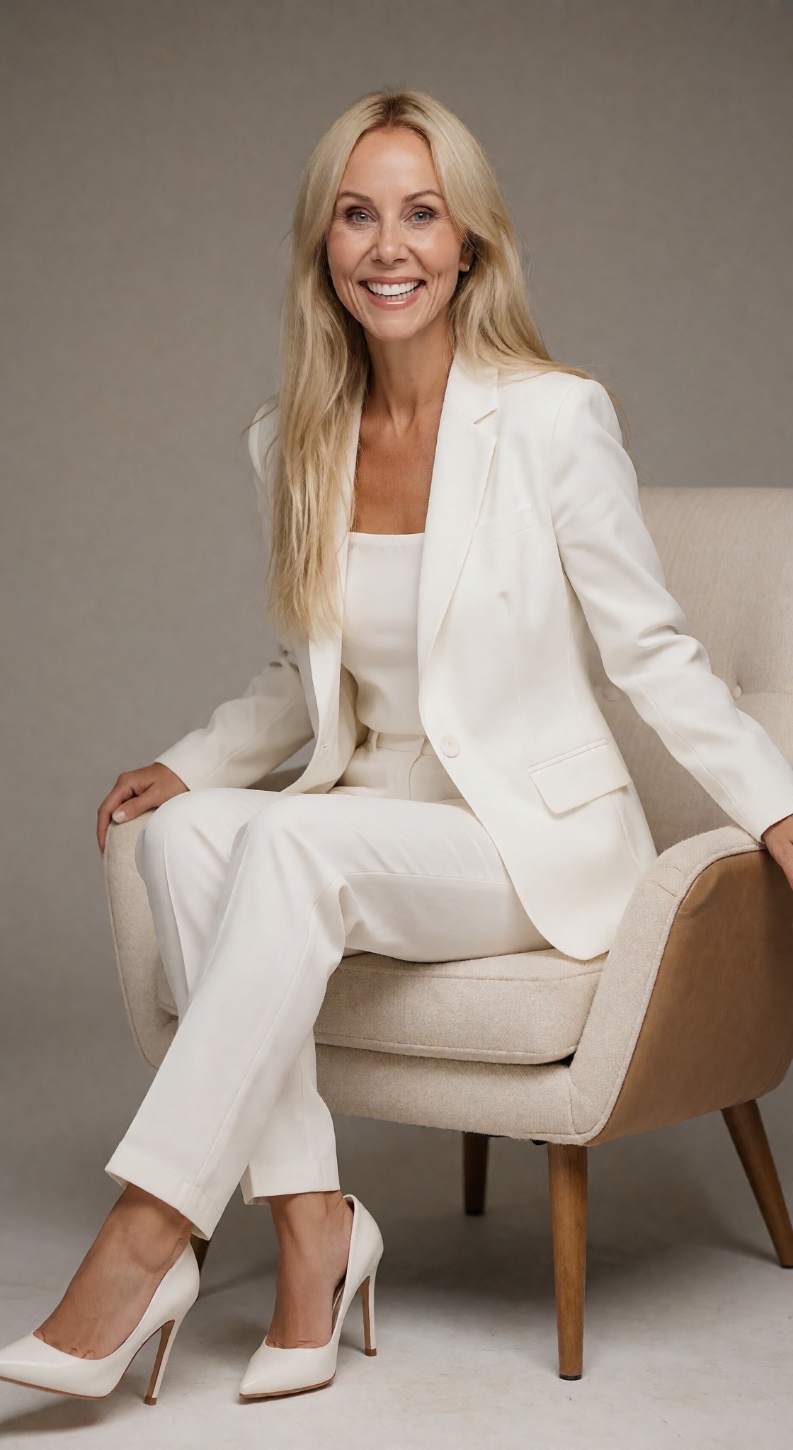Lisa smiling in a white suit, seated in a light upholstered chair