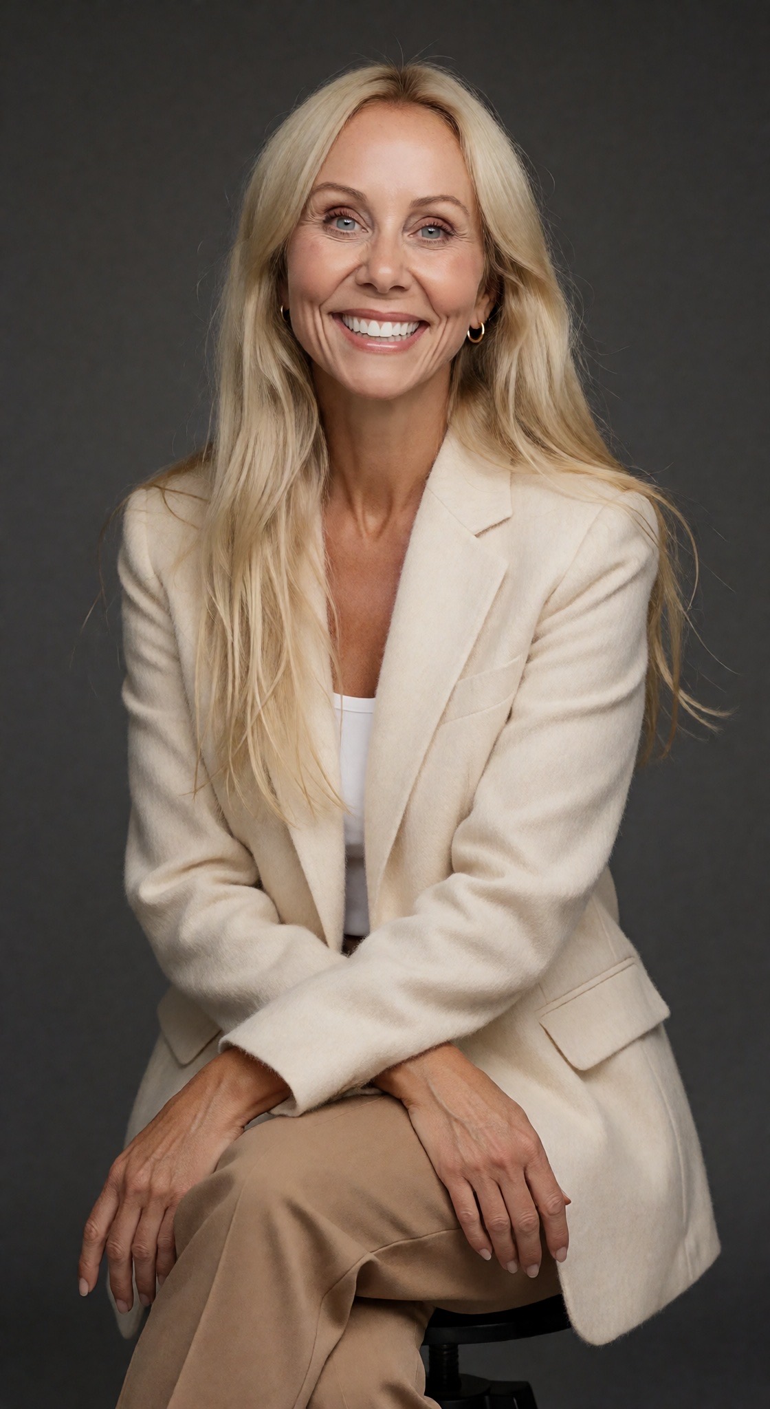 Lisa smiling in a cream blazer, seated against a neutral studio background