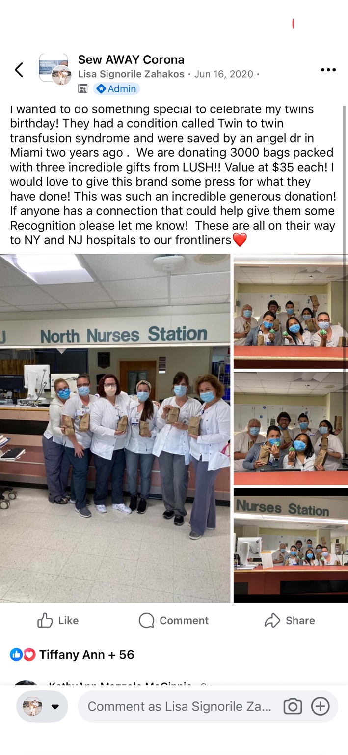 Six hospital staff members holding LUSH gift bags at a nurses station