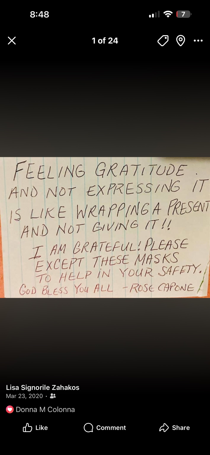 Rose Capone’s handwritten note expressing gratitude and offering masks to help keep recipients safe