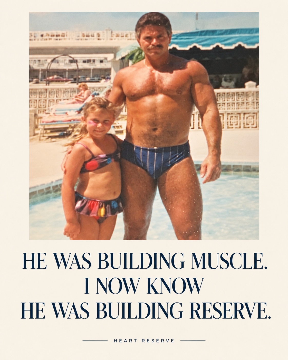 Lisa as a child beside her dad at a swimming pool. The card reads: He was building muscle. I now know he was building reserve.